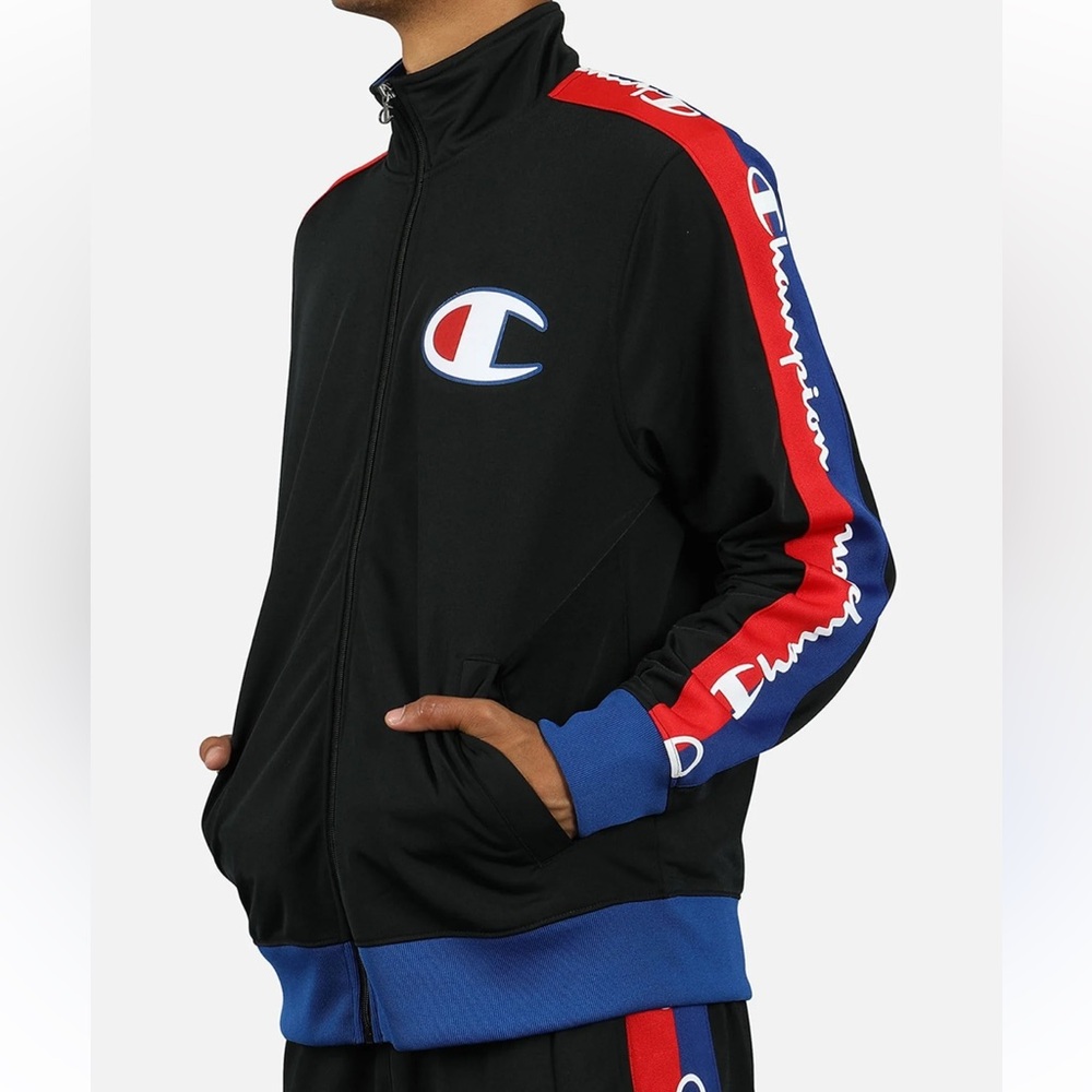 Champion Black Track Jacket Red and Blue Accents